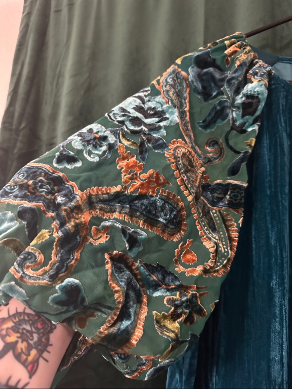 Umgee Teal Velvet Dress with Patterned Green Puff Sleeves - Picture 3 of 7